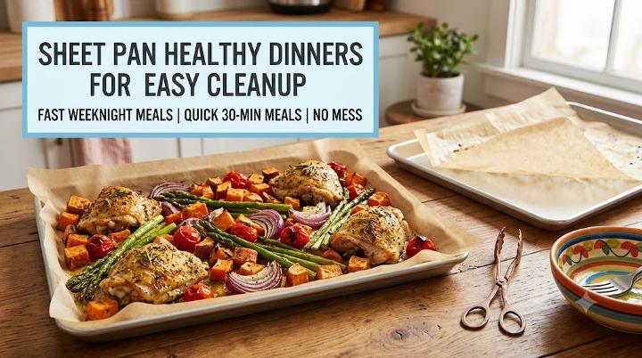 Sheet pan chicken with roasted sweet potatoes, asparagus, red onions on parchment paper for easy cleanup.