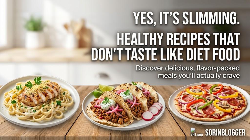 Slimming healthy recipes like creamy pasta, turkey tacos, and thin crust pizza.