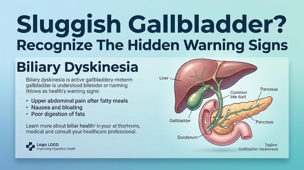 Sluggish gallbladder diagram showing biliary dyskinesia symptoms and digestive anatomy.