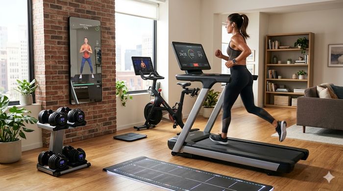 Woman in a smart home gym using a connected treadmill, fitness mirror, and adjustable dumbbells.