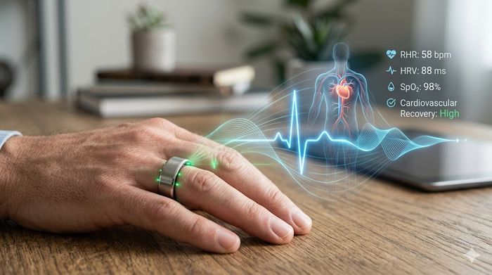Smart ring on a finger tracking heart rate variability and cardiovascular metrics on a digital HUD.
