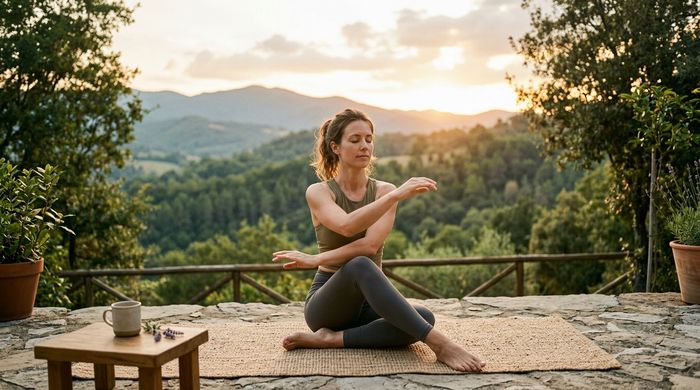 Woman practicing calming somatic exercises for mental longevity at sunset.