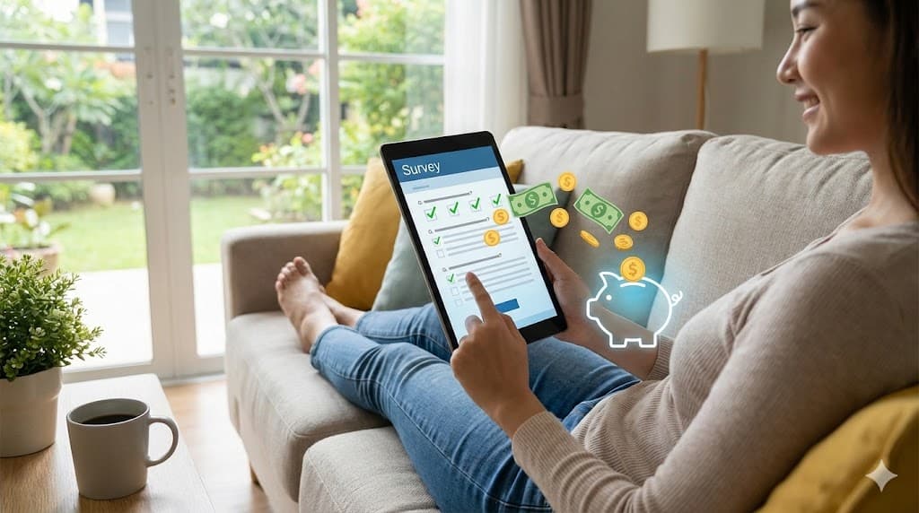 Persoană completând sondaje online plătite de acasă pe laptop pentru a câștiga bani extra.