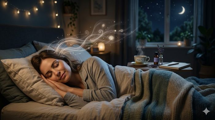 Peaceful woman sleeping calmly at night, finding relief from overthinking with natural remedies.