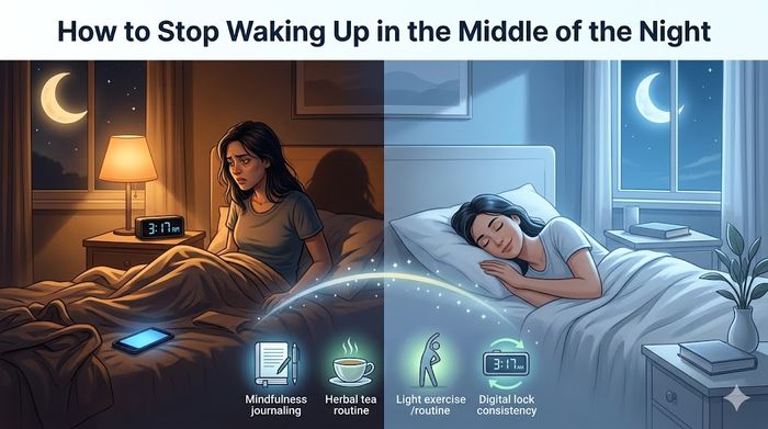 Tired woman awake at 3:17 AM vs sleeping soundly. Night waking solutions: journaling, tea, exercise, lock.