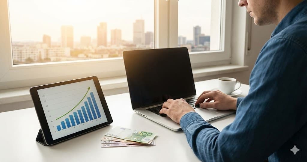 Freelancer lucrând la laptop, cu bani euro și un grafic de creștere pe tabletă, simbolizând succesul financiar.