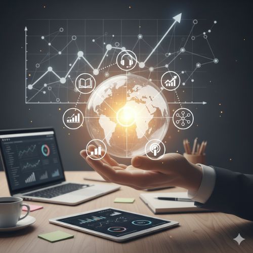 Mână care susține un glob strălucitor, înconjurat de iconițe ce simbolizează cărți, podcasturi, grafice de creștere și parteneriate, pe un fundal cu un grafic ascendent, sugerând strategii de creștere a veniturilor.