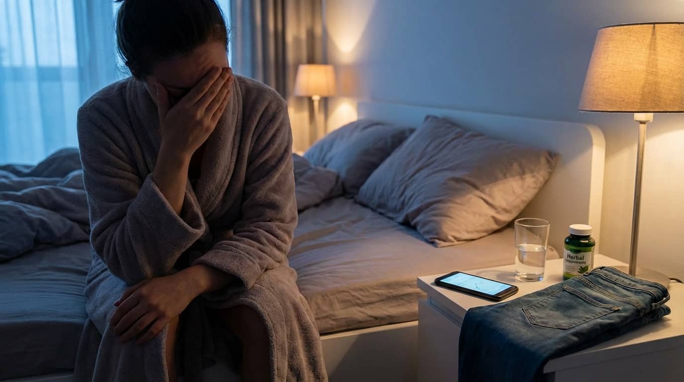 Woman in robe sitting on bed looking stressed near phone and herbal supplements.