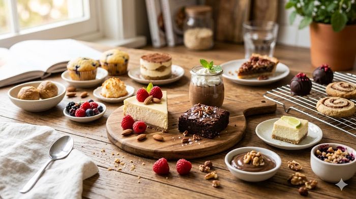 Assorted sugar-free keto desserts on a rustic table.