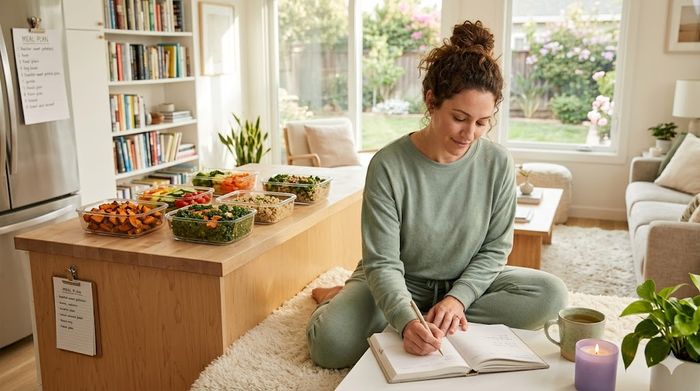 Woman planning a Sunday reset with healthy meal prep containers.