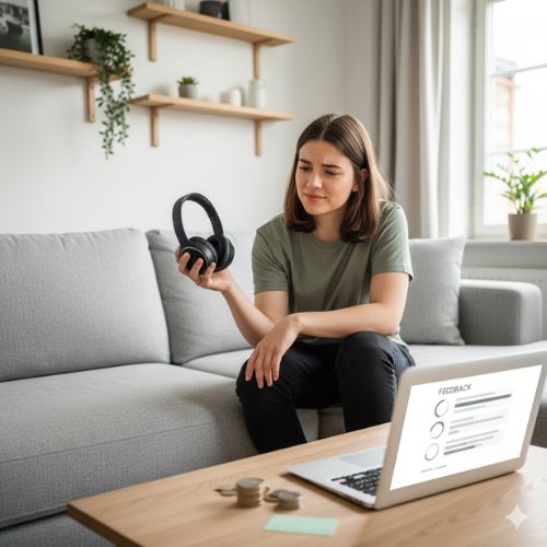 O tânără stă relaxată pe o canapea gri, modernă, într-un living luminos, decorat în stil scandinav. Ea ține o pereche de căști wireless negre, privindu-le concentrat, în timp ce pe măsuța de cafea se află un laptop deschis cu un formular de feedback și o mică grămadă de monede, sugerând testarea de produs contra cost.