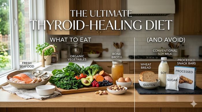 A guide to the Thyroid-Healing Diet showing fresh whole foods to eat and processed items to avoid.