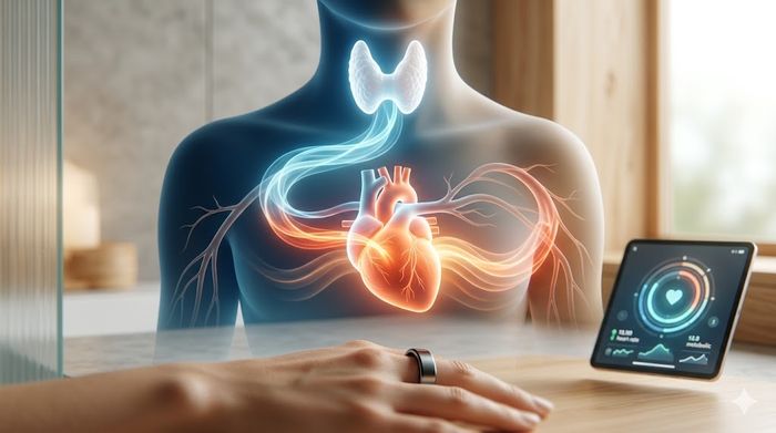 Thyroid and heart biological connection displayed with smart health tracking devices