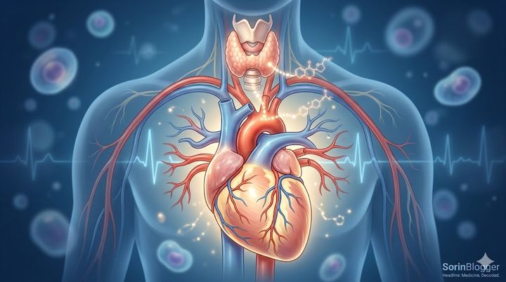 Medical illustration showing the biological connection between the thyroid gland and a beating human heart.