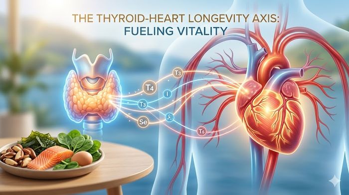 Thyroid and heart connection diagram with selenium and iodine foods for wellness.