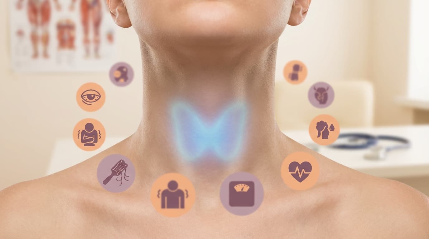 Thyroid gland anatomy on female neck with icons showing symptoms like weight change and heart rate.