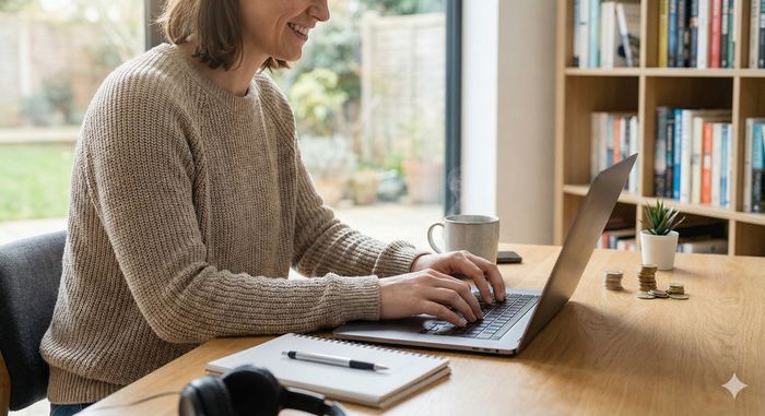 Persoană lucrând la laptop într-un birou de acasă luminos și modern, ilustrând conceptul de joburi la domiciliu bine plătite și oportunități de carieră remote.