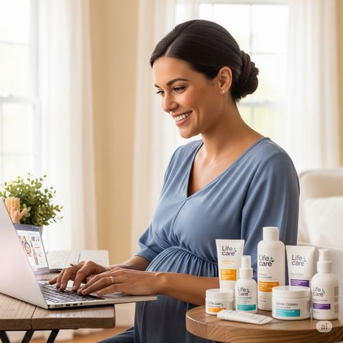 Această imagine prezintă o femeie însărcinată care lucrează de acasă, înconjurată de produse Life Care, cu o expresie fericită și hotărâtă.
