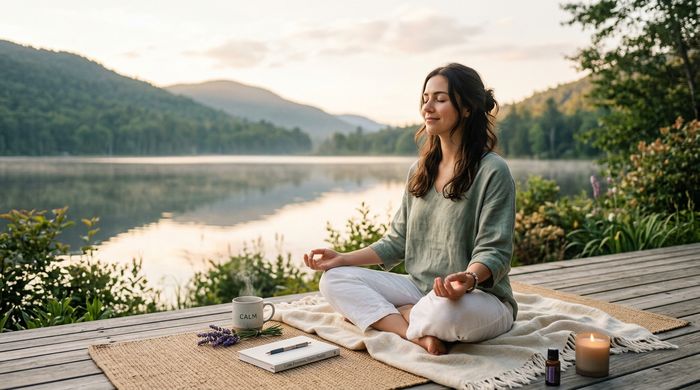 Woman meditating by a calm lake practicing self-care to naturally lower heart rate.