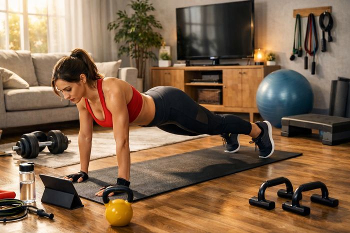 Fit woman doing a high plank on a mat at home, following an online workout class on her tablet.